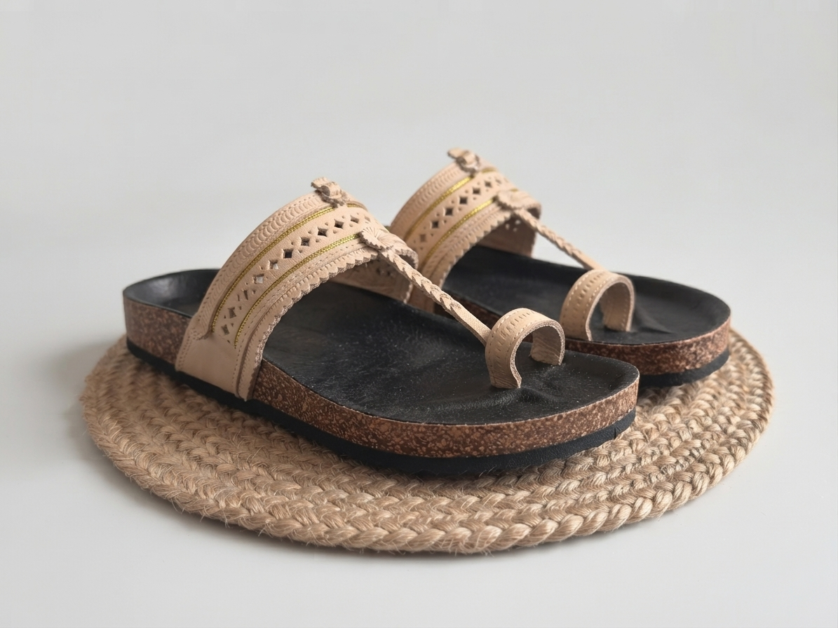 Fusion Kolhapuri for Men | Beige Punching & Jari | Leather Upper