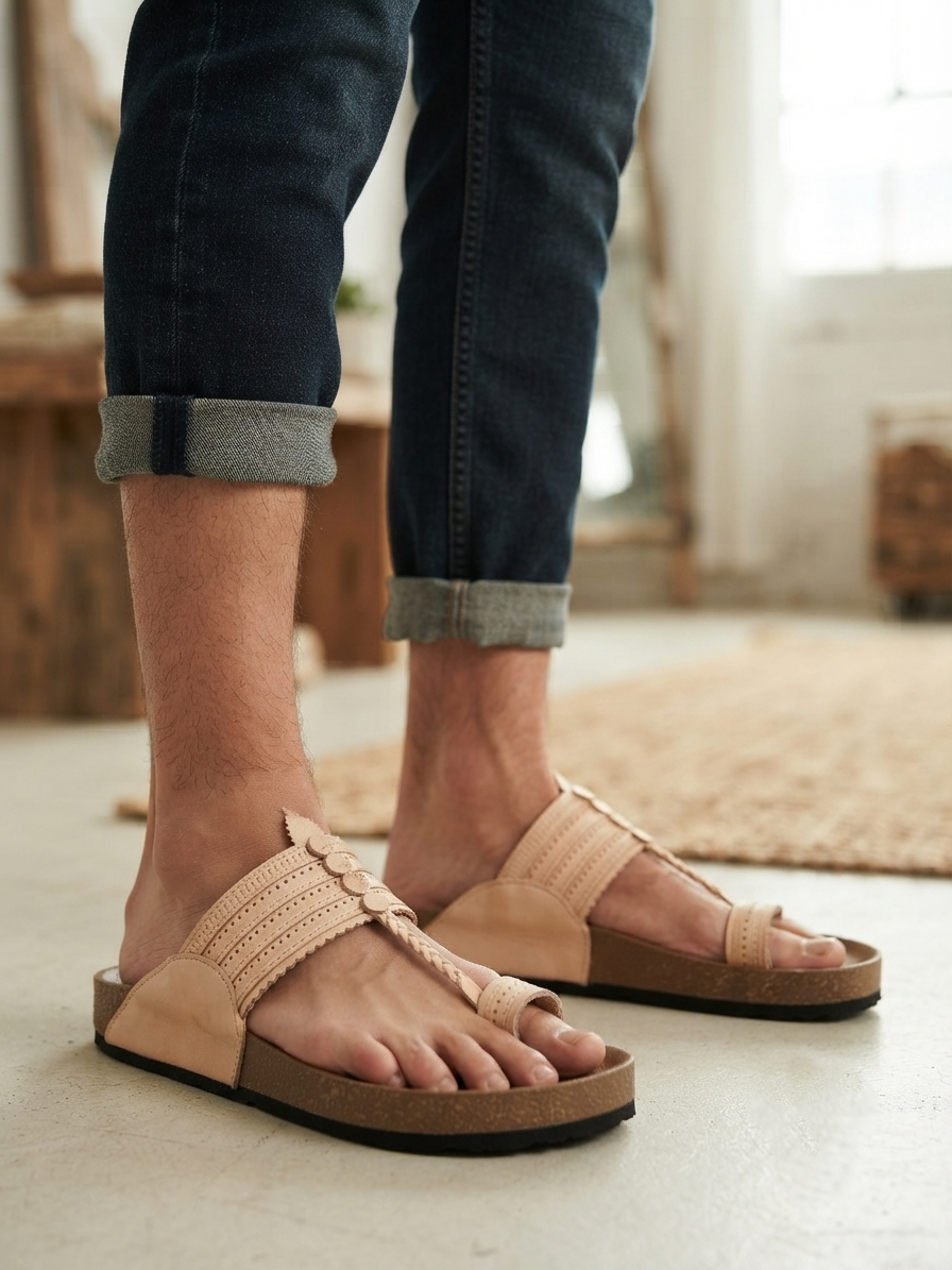 Fusion Kolhapuri for Men | Beige Four Laces and Punching | Leather Upper