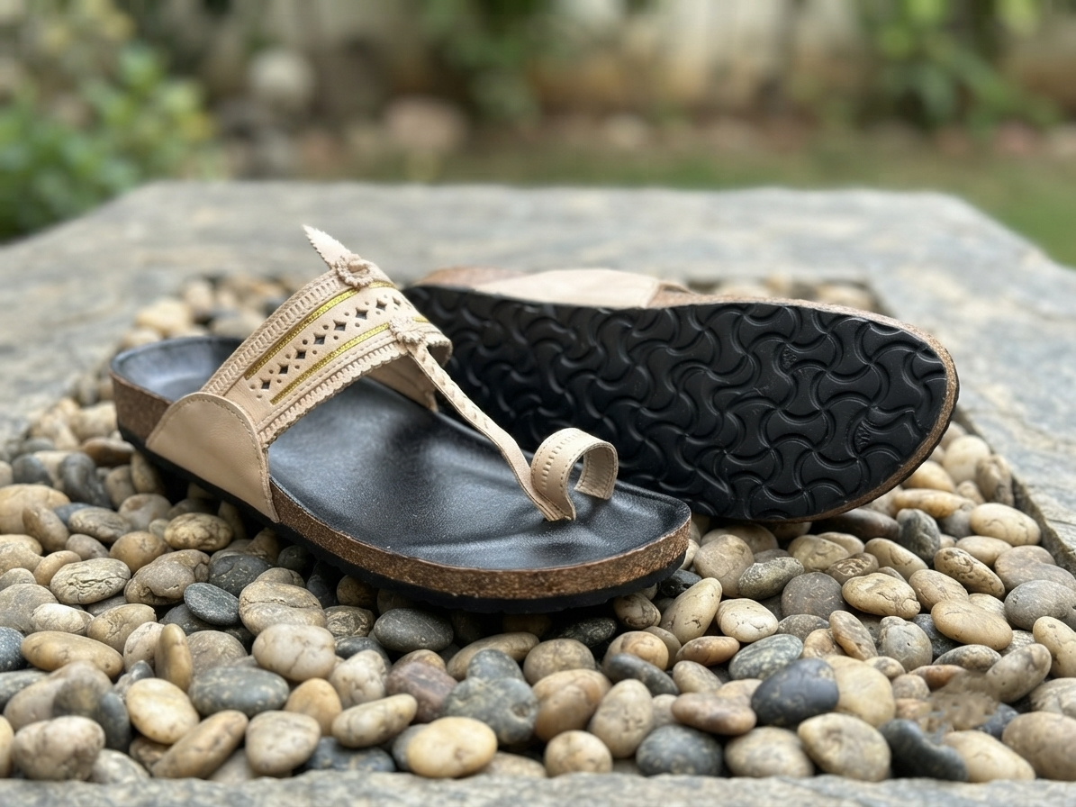 Fusion Kolhapuri for Men | Beige Punching & Jari | Leather Upper