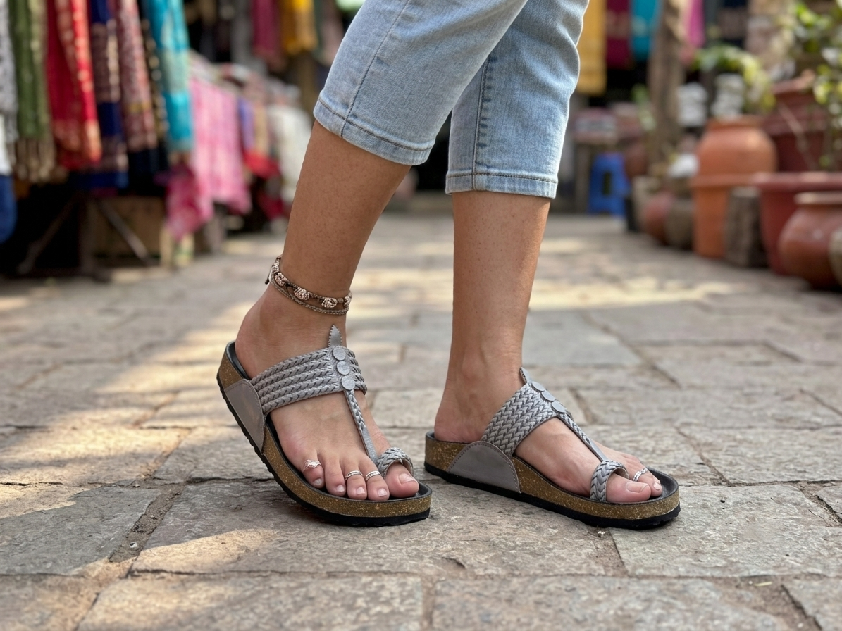Women's Kolhapuri Sandals – Genuine Leather Five-Braided Flats