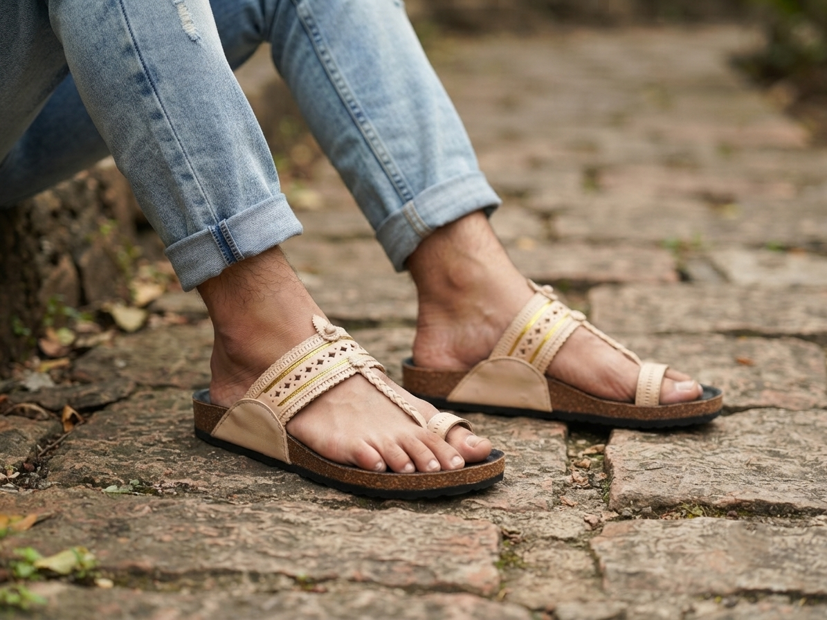 Fusion Kolhapuri for Men | Beige Punching & Jari | Leather Upper