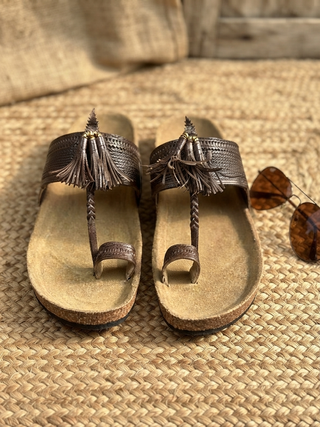 The Heritage Cork Kolhapuri | Brown Suede & Leather Braided Sandals