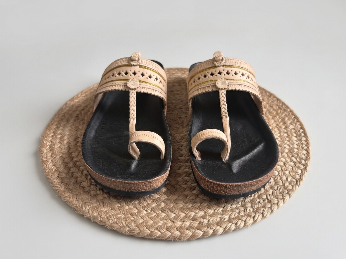 Fusion Kolhapuri for Men | Beige Punching & Jari | Leather Upper
