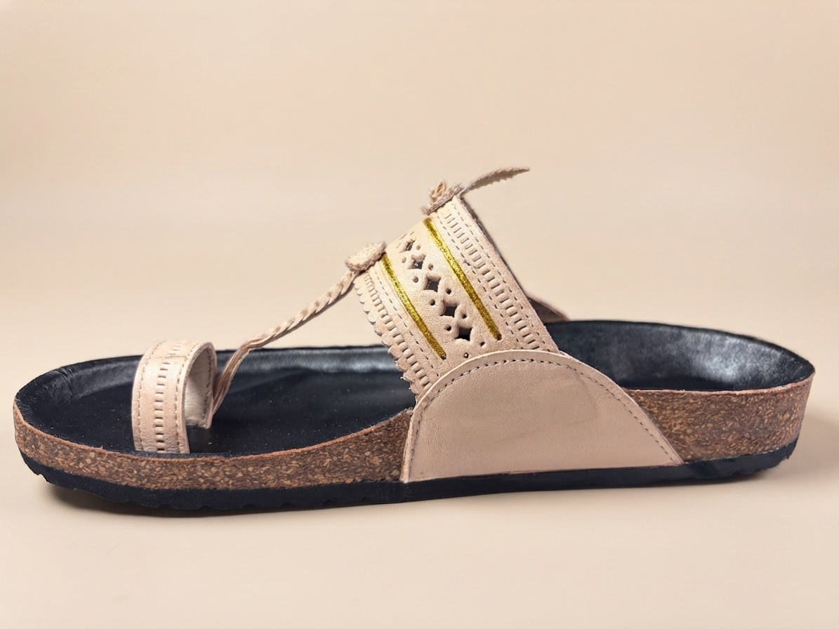Fusion Kolhapuri for Men | Beige Punching & Jari | Leather Upper