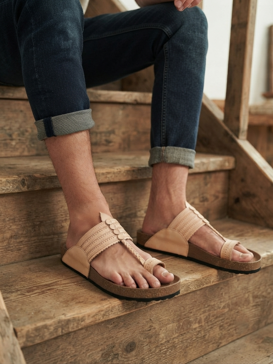 Fusion Kolhapuri for Men | Beige Four Laces and Punching | Leather Upper