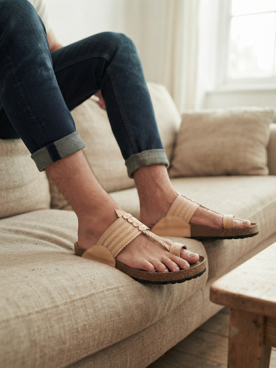 Fusion Kolhapuri for Men | Beige Four Laces and Punching | Leather Upper