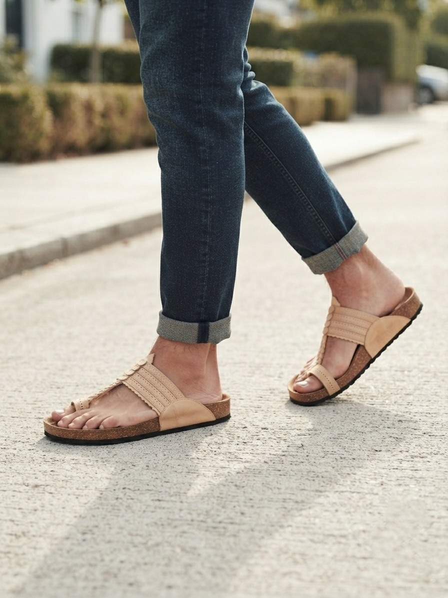 Fusion Kolhapuri for Men | Beige Four Laces and Punching | Leather Upper