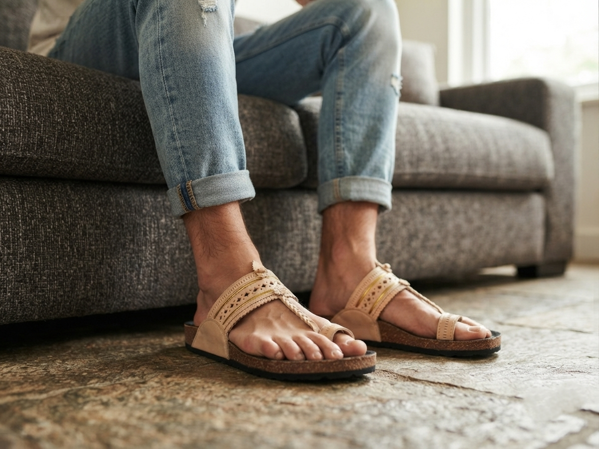 Fusion Kolhapuri for Men | Beige Punching & Jari | Leather Upper