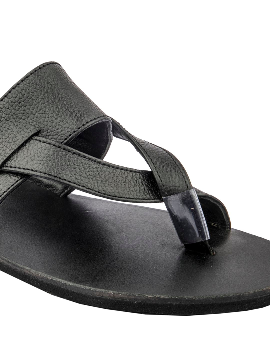 Sleek V-Straps: Handmade Black Leather Sandals for Men