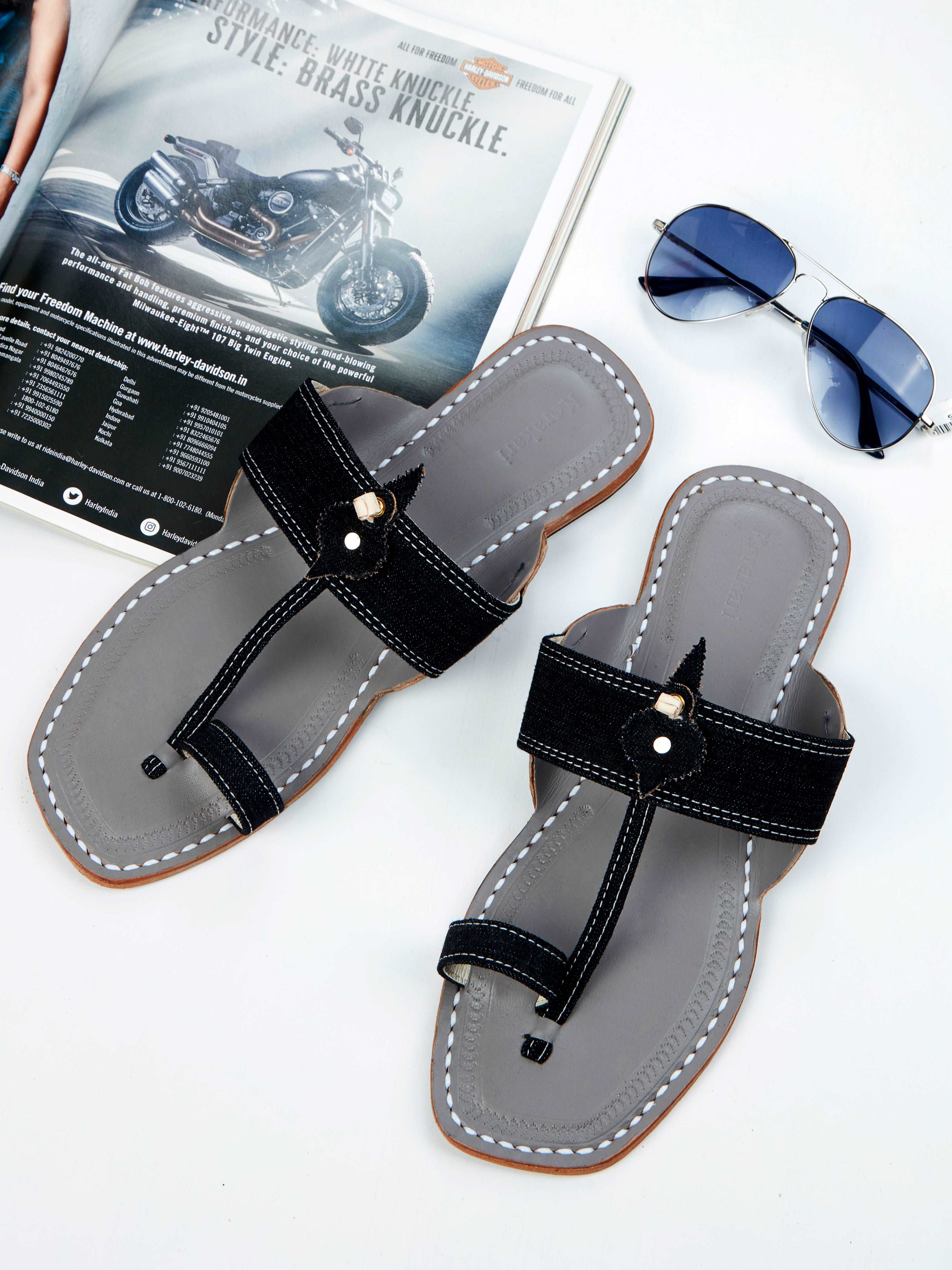 Black Denim Kolhapuri Chappal